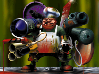 It's ox! From the credits screen of PO'ed! A chef with guns! From a crappy game! He doesn't look like the PSX Box Ox because nobody has played or cares about POed.